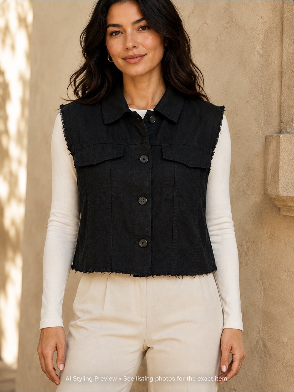 Rebecca Elliot L Black Ramie Trucker Vest Raw Edge Button Front Utility